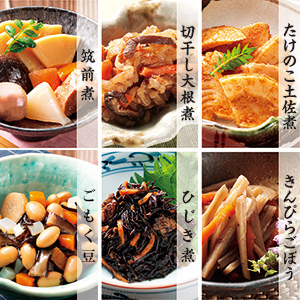 本格和風お惣菜の缶詰はからだにいい食材を使った煮物のお惣菜を6種類そろえました