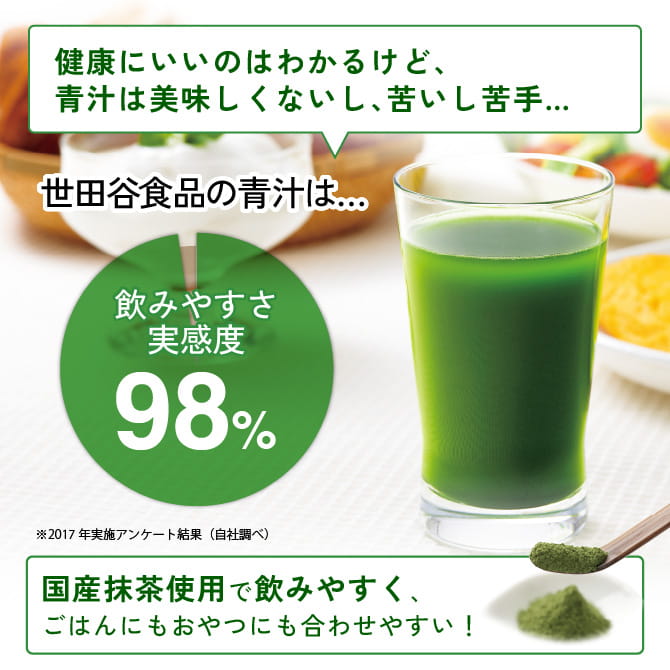 世田谷自然食品 乳酸菌が入った青汁 飲みやすさ実感度98% 2017年実施アンケート結果(自社調べ)